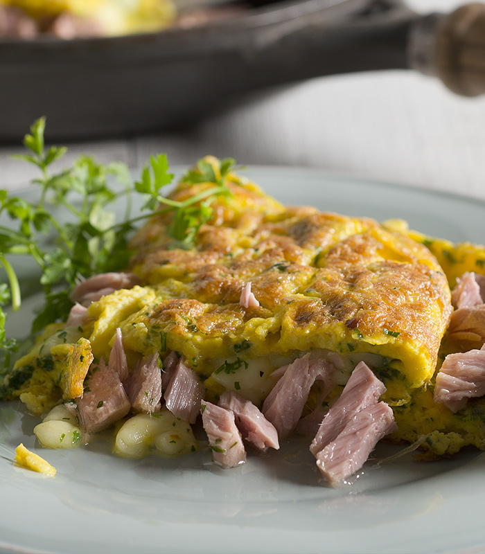 Thin Omelette with Tuna, Spring Onions and Mozzarella