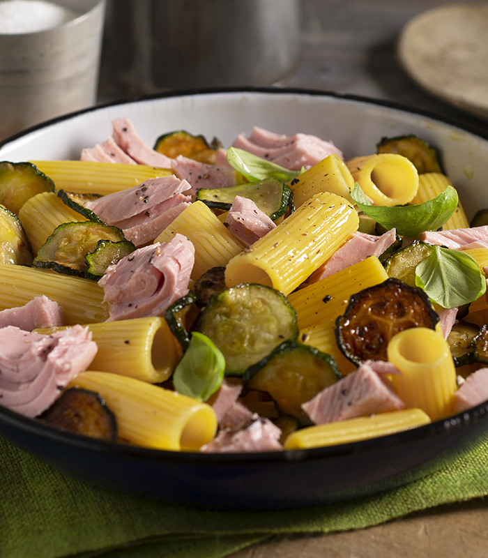 Rigatoni with Lemon and Black Pepper Tuna and courgettes